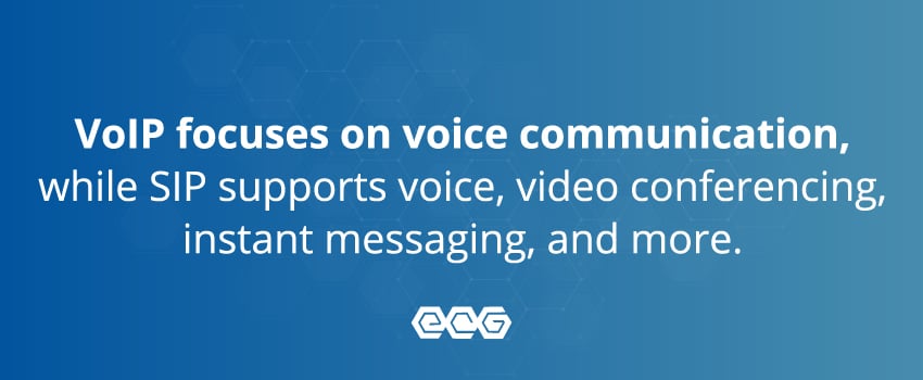 VoIP focuses on voice communication, while SIP supports voice, video conferencing, instant messaging, and more.