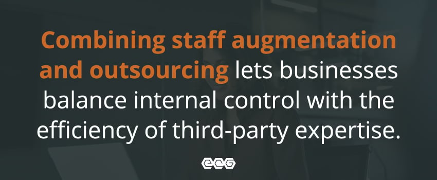 Combining staff augmentation and outsourcing lets businesses balance internal control with the efficiency of third-party expertise.